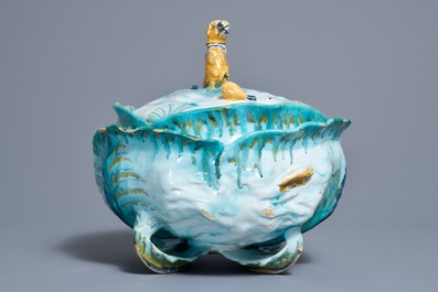 A Brussels faience tureen and cover on stand with butterflies and caterpillars, 18th C.