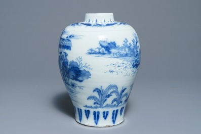 A Dutch Delft blue and white chinoiserie vase, last quarter 17th C.