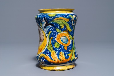An Italian maiolica drug jar of 'albarello' type, Venice, 2nd half 16th C.