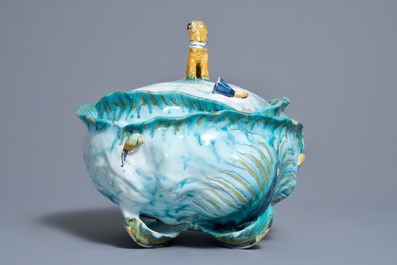 A Brussels faience tureen and cover on stand with butterflies and caterpillars, 18th C.