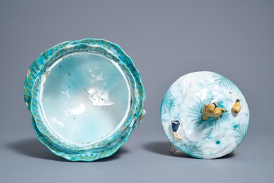 A Brussels faience tureen and cover on stand with butterflies and caterpillars, 18th C.