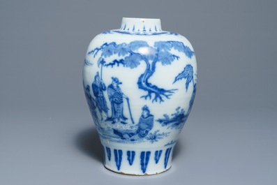 A Dutch Delft blue and white chinoiserie vase, last quarter 17th C.