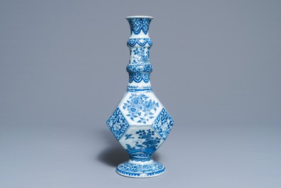 A Dutch Delft blue and white facetted bottle vase, last quarter 17th C.