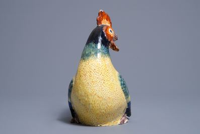 A polychrome Dutch Delft model of a rooster, 19th C.