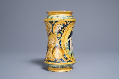 An Italian maiolica drug jar of 'albarello' type, Palermo, 1st half 17th C.