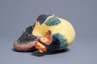 A polychrome Dutch Delft model of a rooster, 19th C.
