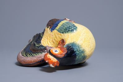 A polychrome Dutch Delft model of a rooster, 19th C.