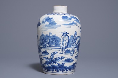 A Dutch Delft blue and white vase with a couple with child, 1st half 18th C.