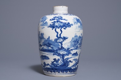 A Dutch Delft blue and white vase with a couple with child, 1st half 18th C.