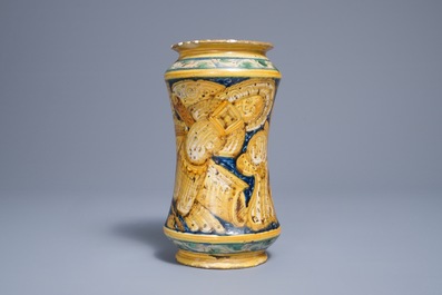 An Italian maiolica drug jar of 'albarello' type, Palermo, 1st half 17th C.