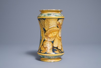 An Italian maiolica drug jar of 'albarello' type, Palermo, 1st half 17th C.