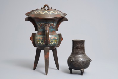 A Chinese bronze tripod vase and a cloisonn&eacute; ritual wine cup, jue, 18/19th C.