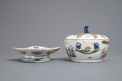 A Chinese famille rose bowl and cover and a stem bowl, 19th C.