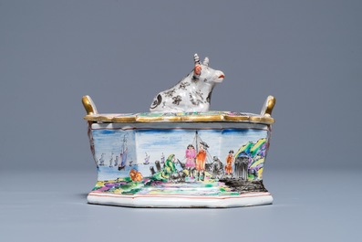A polychrome Dutch Delft petit feu and dor&eacute; butter tub with a reclining cow, 19th C.