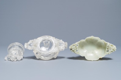 Two Chinese jade and rock crystal censers, 20th C.
