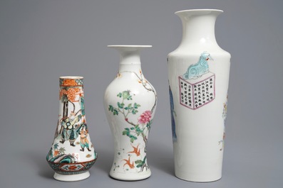 Three Chinese famille rose and verte vases, 19/20th C.
