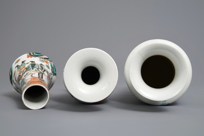 Three Chinese famille rose and verte vases, 19/20th C.