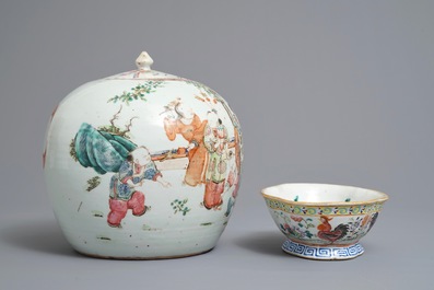 Een Chinese famille rose schotel, een dekselpot en een kom, 19e eeuw
