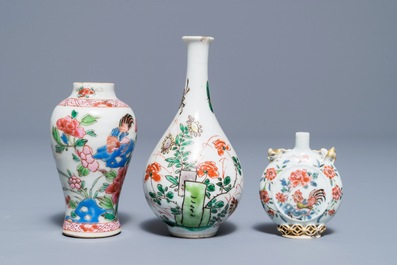 Two Chinese famille rose and verte vases and a snuff bottle, Kangxi/Yongzheng