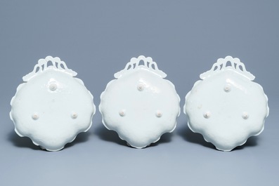 Three Chinese neo-classical gilt, blue and white tripod fruit dishes, Qianlong