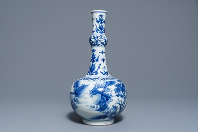 A Chinese blue and white bottle vase with figurative design around, Transitional period
