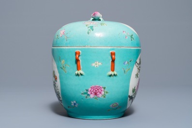 A Chinese famille rose '9 peaches' dish and a turquoise ground bowl and cover, Qianlong mark, 19/20th C.