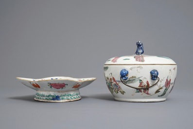 A Chinese famille rose bowl and cover and a stem bowl, 19th C.