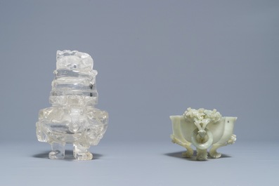 Two Chinese jade and rock crystal censers, 20th C.