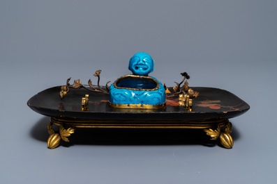 A French lacquer and gilt bronze inkwell with a Chinese turquoise-glazed brush washer, Kangxi and 19th C.