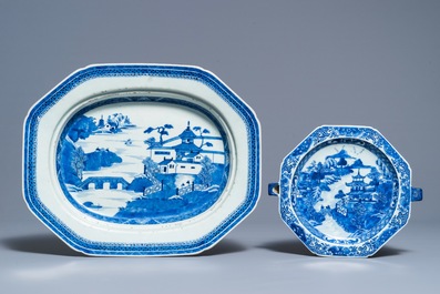 Quatre pi&egrave;ces en porcelaine de Chine bleu et blanc, Qianlong et 19&egrave;me