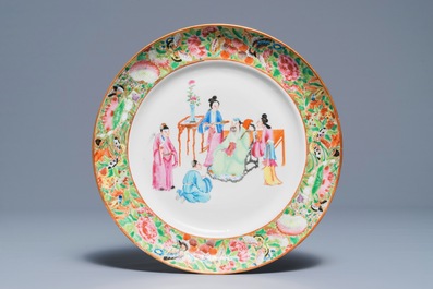 Twaalf Chinese Canton famille rose borden en soepborden met mandarijns decor, Daoguang