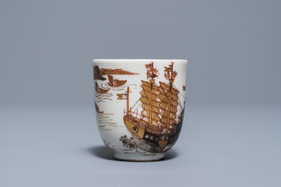 A Chinese grisaille and gilt cup and saucer with a large ship, Yongzheng/Qianlong