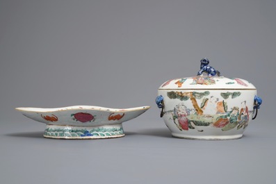 A Chinese famille rose bowl and cover and a stem bowl, 19th C.