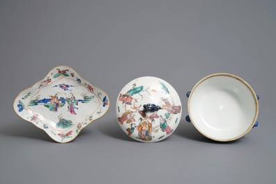 A Chinese famille rose bowl and cover and a stem bowl, 19th C.