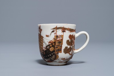 A Chinese grisaille and gilt cup and saucer with a large ship, Yongzheng/Qianlong