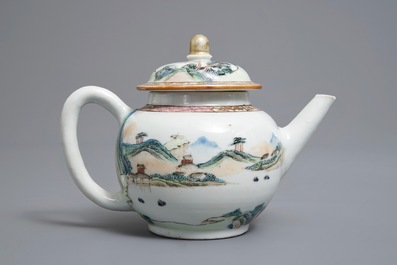 A Chinese famille rose teapot with travelers in a landscape, Yongzheng