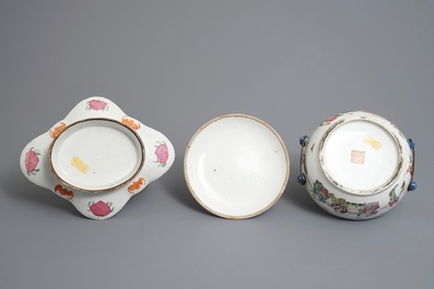 A Chinese famille rose bowl and cover and a stem bowl, 19th C.