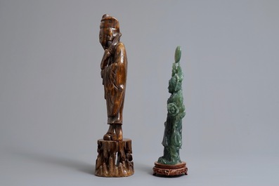 Two tall Chinese carved jade and soapstone figures, 19/20th C.