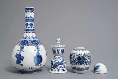 Two Chinese blue and white vases, a candlestick and a brush washer, 19th C.