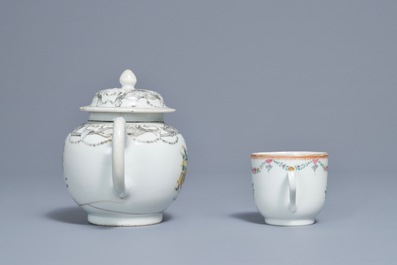 Une th&eacute;i&egrave;re et une tasse et soucoupe armori&eacute;e en porcelaine de Chine grisaille et famille rose, Qianlong