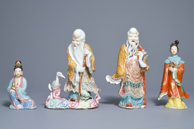 Four various Chinese famille rose figures, three with impressed marks, 19/20th C.