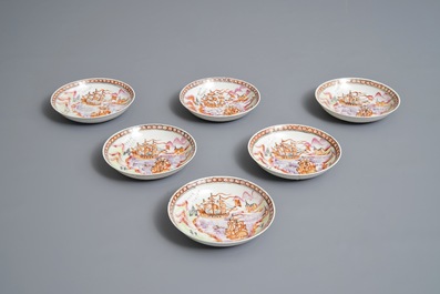 Six tasses et soucoupes en porcelaine de Chine famille rose &agrave; d&eacute;cor de navires, Qianlong