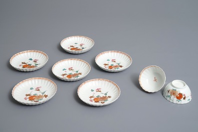 Six lobed Chinese famille rose cups and saucers with floral designs, Qianlong