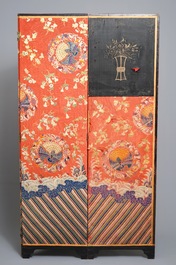 A Chinese folding screen with silk embroidery of phoenixes on a red ground, Qianlong