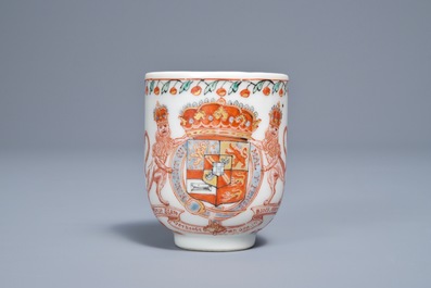 A Dutch-decorated Chinese cup with the royal Dutch arms of Oranje-Nassau, dated 1747, Qianlong