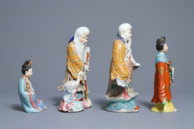 Four various Chinese famille rose figures, three with impressed marks, 19/20th C.