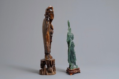 Two tall Chinese carved jade and soapstone figures, 19/20th C.