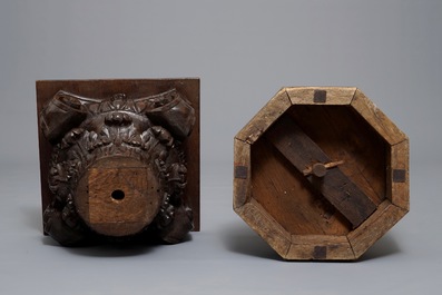 A pair of carved oak twisted pillars with Corinthian capitals, 18th C.