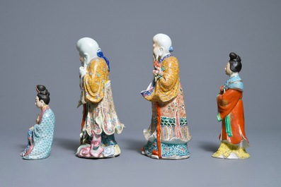 Four various Chinese famille rose figures, three with impressed marks, 19/20th C.