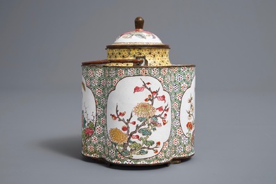 A Chinese Canton enamel teapot and cover with insects, birds and flowers, Qianlong